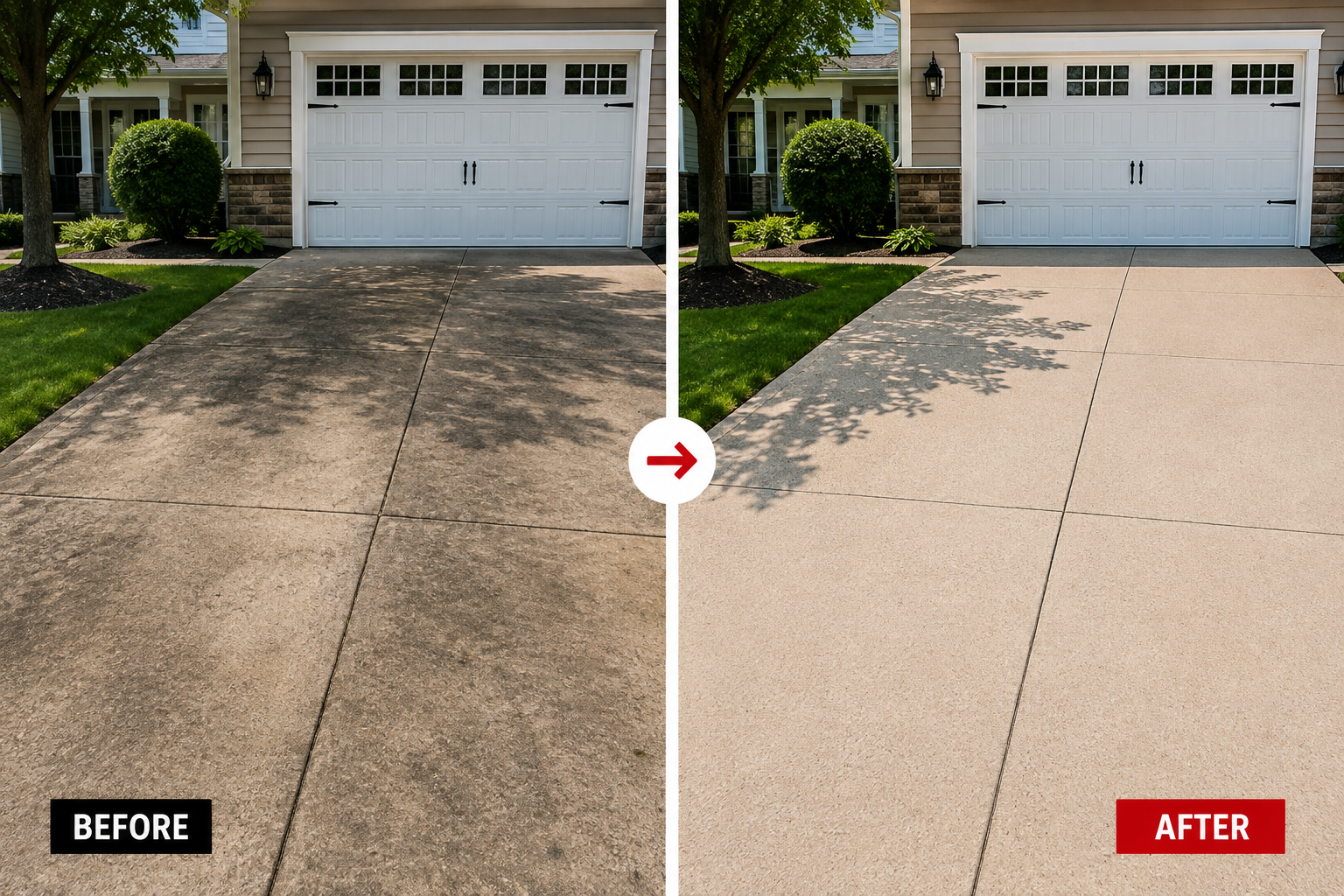 Driveway before and after professional pressure washing