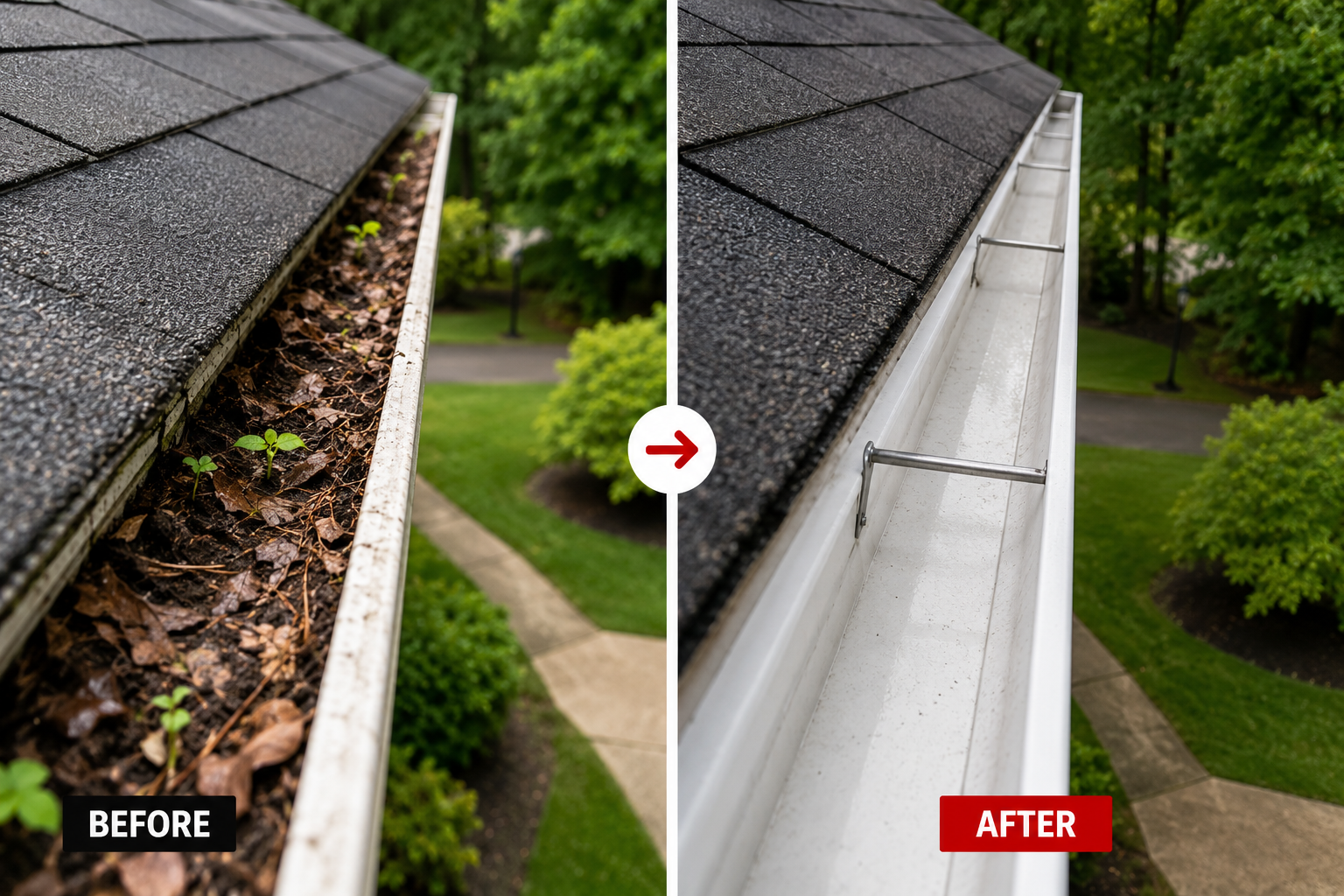 Gutter before and after professional gutter cleaning