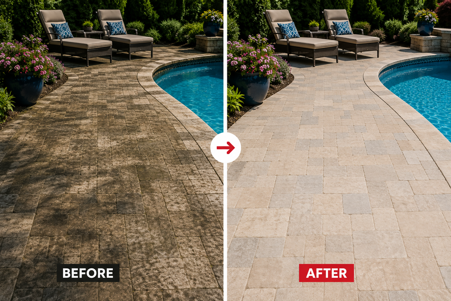 Before and after pool deck cleaning and pressure washing