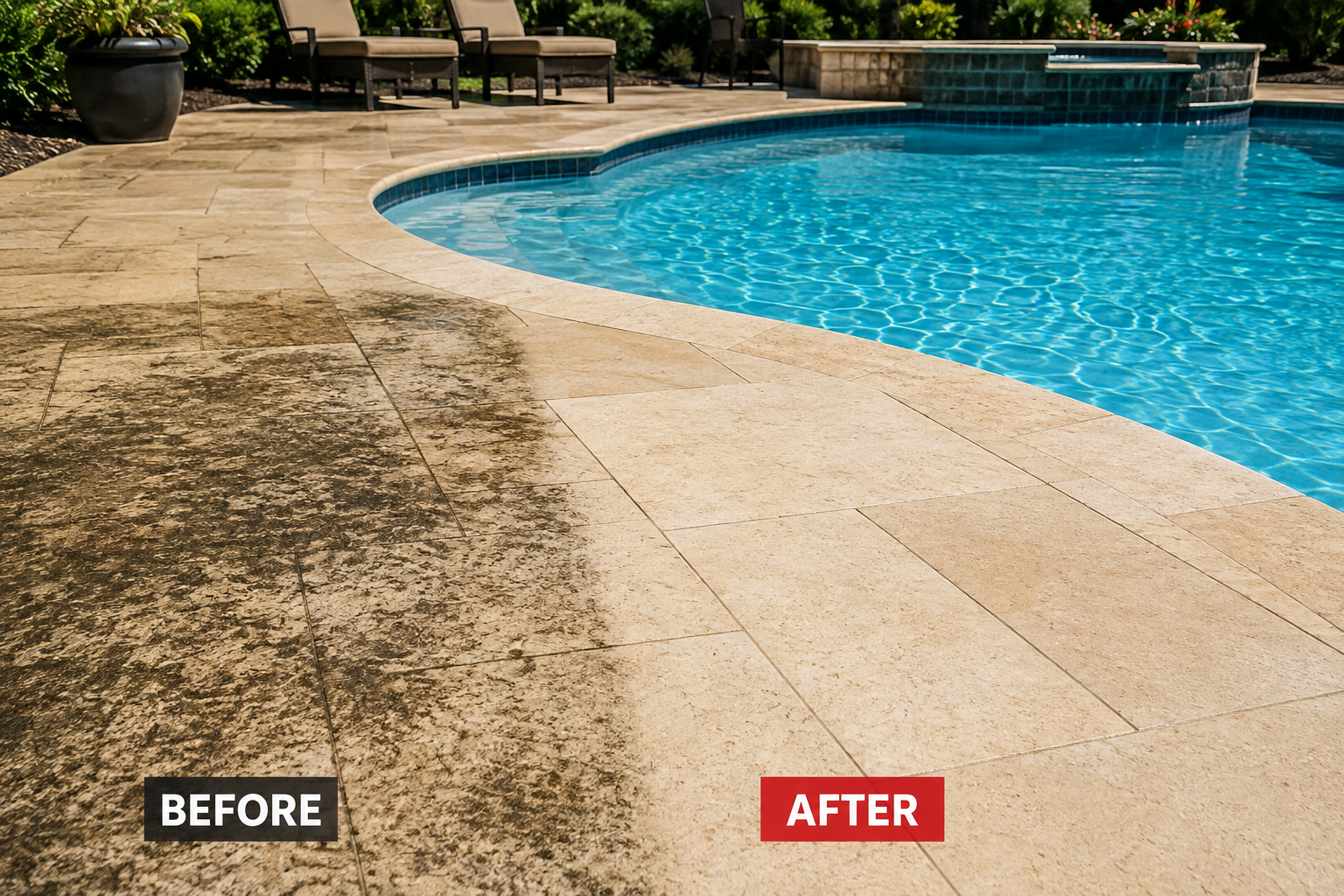 Pool deck before and after professional pressure washing