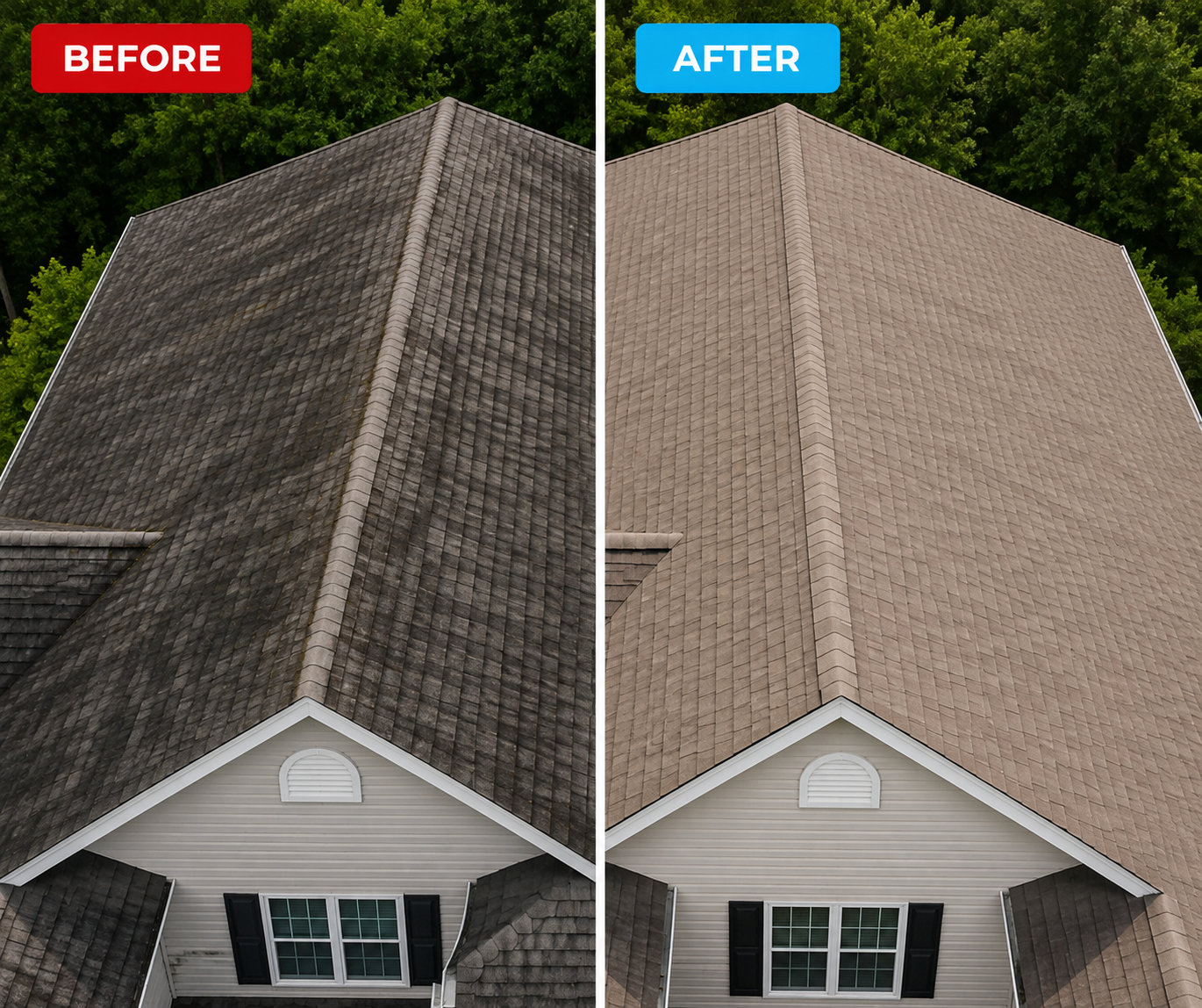 Before and after roof cleaning in Brandywine Maryland