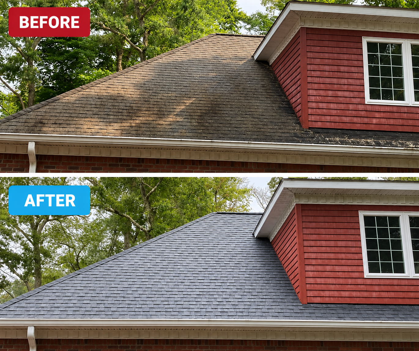Before and after roof cleaning by Power Stream